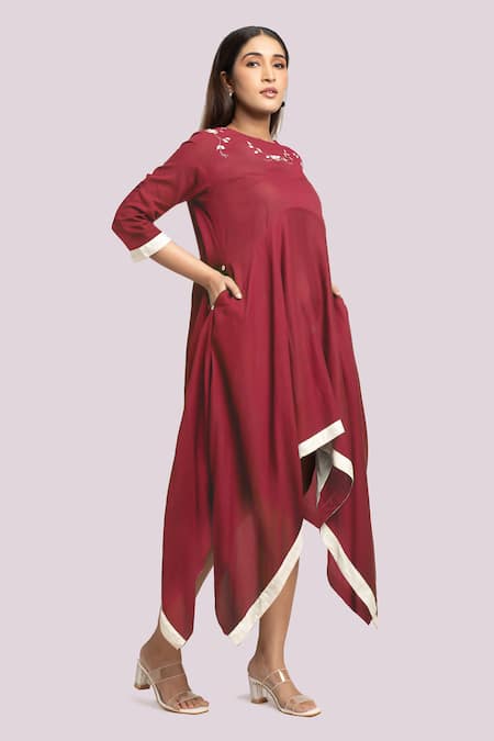 Blue Lotus Design Red Cotton Asymmetric Dress 