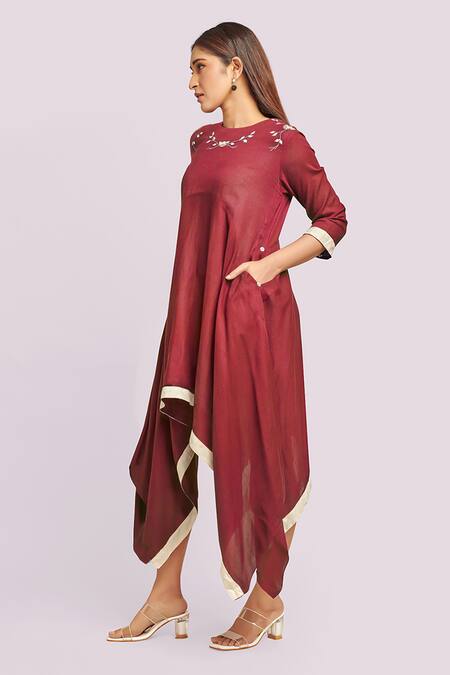 Buy_Blue Lotus Design_Red Cotton Embroidery Round Neck Asymmetric Dress _Online_at_Aza_Fashions