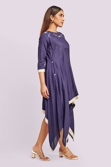 Blue Lotus Design_Blue Cotton Embroidery Round Neck Asymmetric Dress _Online_at_Aza_Fashions