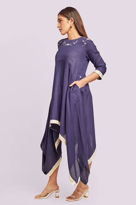 Buy_Blue Lotus Design_Blue Cotton Embroidery Round Neck Asymmetric Dress _Online_at_Aza_Fashions