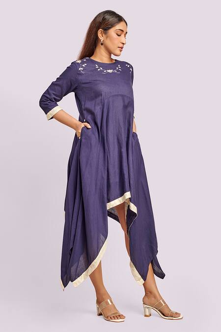 Shop_Blue Lotus Design_Blue Cotton Embroidery Round Neck Asymmetric Dress _Online_at_Aza_Fashions