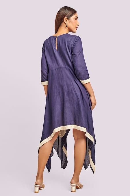Blue Lotus Design Asymmetric Cotton Dress 