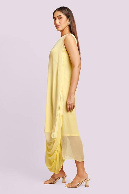 Blue Lotus Design_Yellow Georgette Round Neck Ombre Drape Midi Dress _Online_at_Aza_Fashions