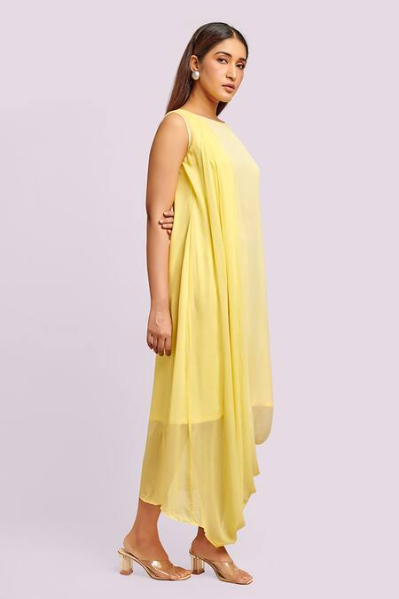 Buy_Blue Lotus Design_Yellow Georgette Round Neck Ombre Drape Midi Dress _Online_at_Aza_Fashions