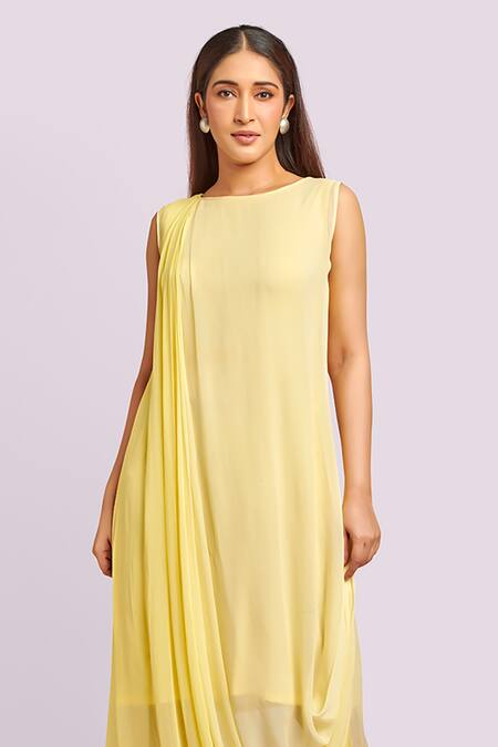 Shop_Blue Lotus Design_Yellow Georgette Round Neck Ombre Drape Midi Dress _Online_at_Aza_Fashions