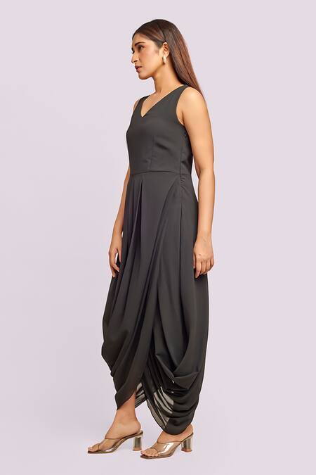 Blue Lotus Design_Black Georgette V-neck Dhoti Drape Midi Dress _Online_at_Aza_Fashions