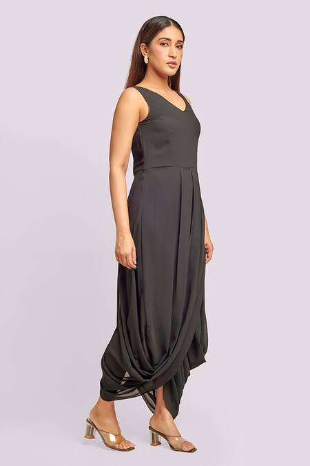 Buy_Blue Lotus Design_Black Georgette V-neck Dhoti Drape Midi Dress _Online_at_Aza_Fashions