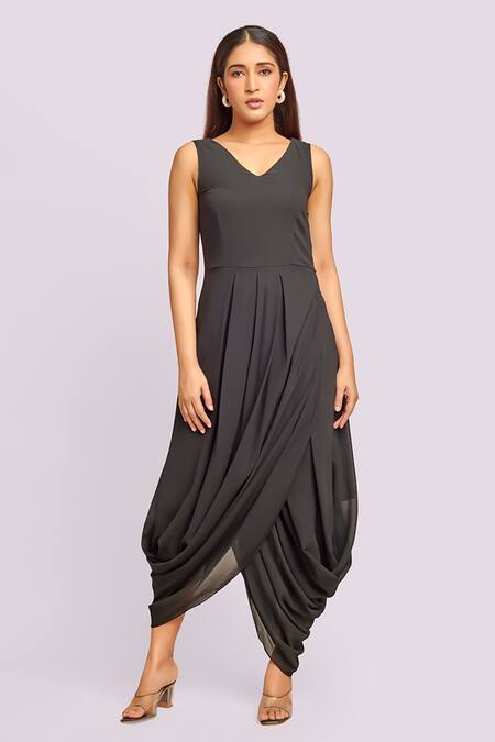 Shop_Blue Lotus Design_Black Georgette V-neck Dhoti Drape Midi Dress _Online_at_Aza_Fashions