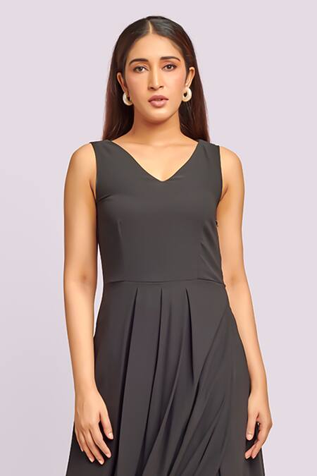 Blue Lotus Design_Black Georgette V-neck Dhoti Drape Midi Dress _at_Aza_Fashions