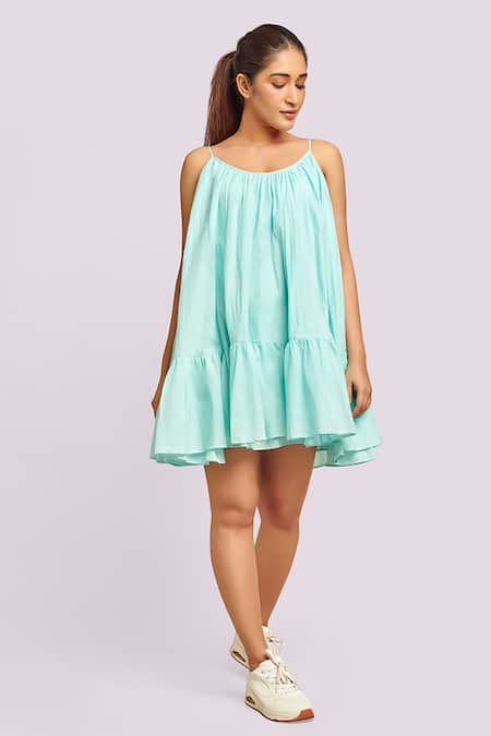 Blue Lotus Design Ruffled Tiered Cotton Dress 