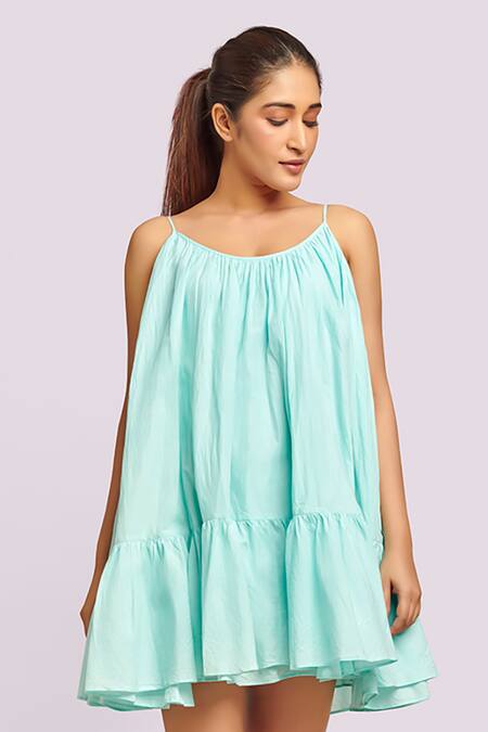 Blue Lotus Design_Blue Cotton Round Neck Ruffled Tiered Dress _Online_at_Aza_Fashions
