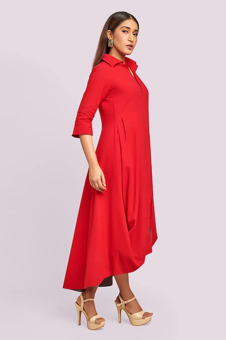 Blue Lotus Design Red Drape Dress With Contrast Detail 