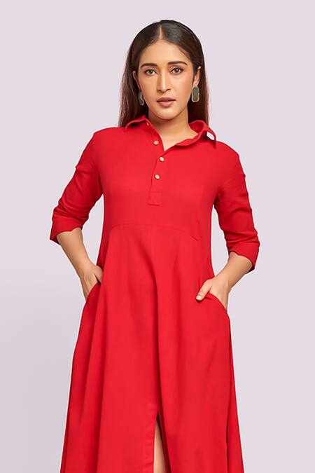 Blue Lotus Design_Red Cotton Collared Drape Dress With Contrast Detail _Online_at_Aza_Fashions
