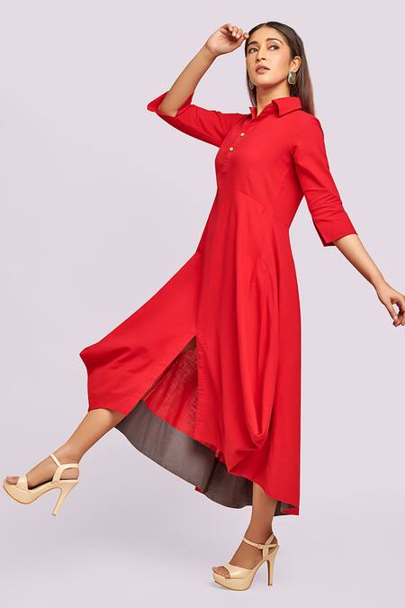 Buy_Blue Lotus Design_Red Cotton Collared Drape Dress With Contrast Detail _Online_at_Aza_Fashions
