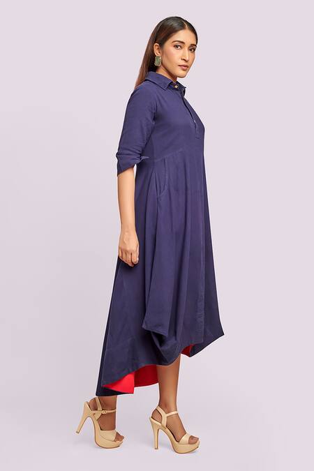 Blue Lotus Design_Blue Cotton Collared Drape Dress With Contrast Detail _Online_at_Aza_Fashions