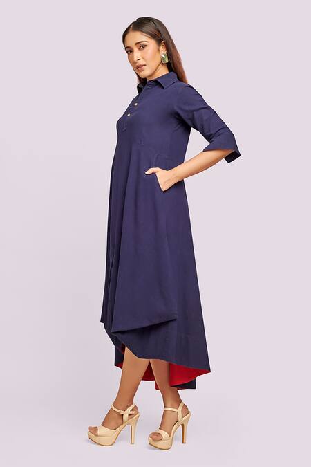 Buy_Blue Lotus Design_Blue Cotton Collared Drape Dress With Contrast Detail _Online_at_Aza_Fashions