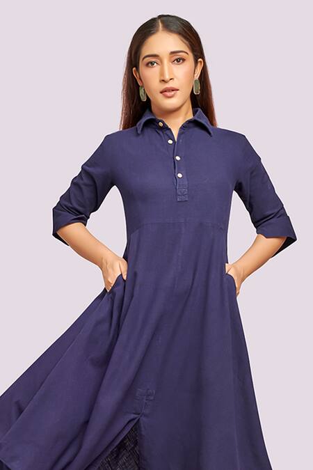 Shop_Blue Lotus Design_Blue Cotton Collared Drape Dress With Contrast Detail _Online_at_Aza_Fashions