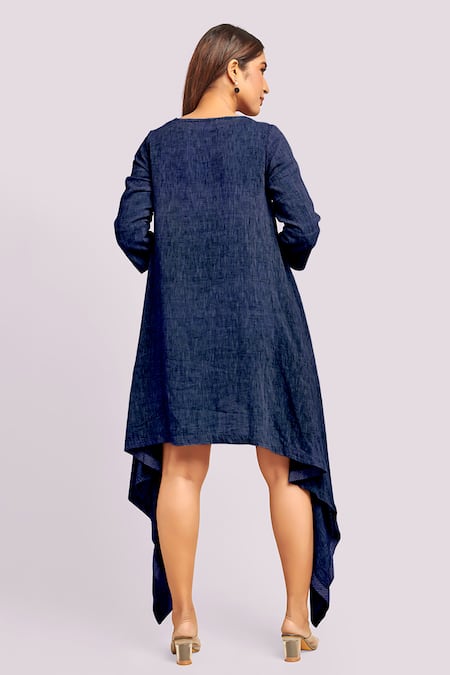 Blue Lotus Design Asymmetric Blue Flax Cotton Dress 