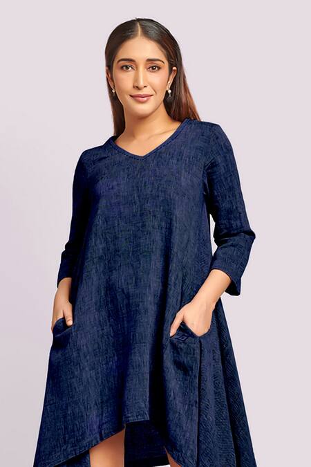 Blue Lotus Design_Blue Flannel V-neck Asymmetric Flax Cotton Dress _Online_at_Aza_Fashions