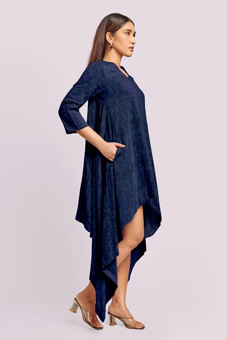Buy_Blue Lotus Design_Blue Flannel V-neck Asymmetric Flax Cotton Dress _Online_at_Aza_Fashions