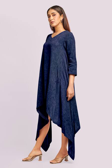 Shop_Blue Lotus Design_Blue Flannel V-neck Asymmetric Flax Cotton Dress _Online_at_Aza_Fashions