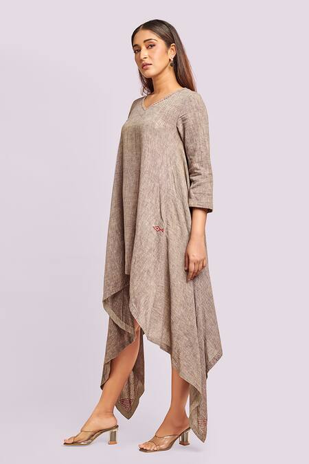 Blue Lotus Design_Brown V-neck Asymmetric Flax Cotton Dress _Online_at_Aza_Fashions