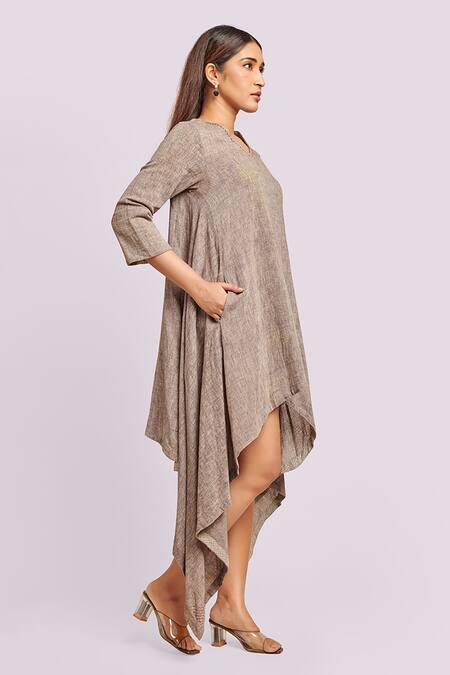 Buy_Blue Lotus Design_Brown V-neck Asymmetric Flax Cotton Dress _Online_at_Aza_Fashions