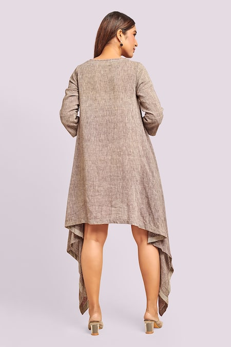 Blue Lotus Design Asymmetric Brown Flax Cotton Dress 