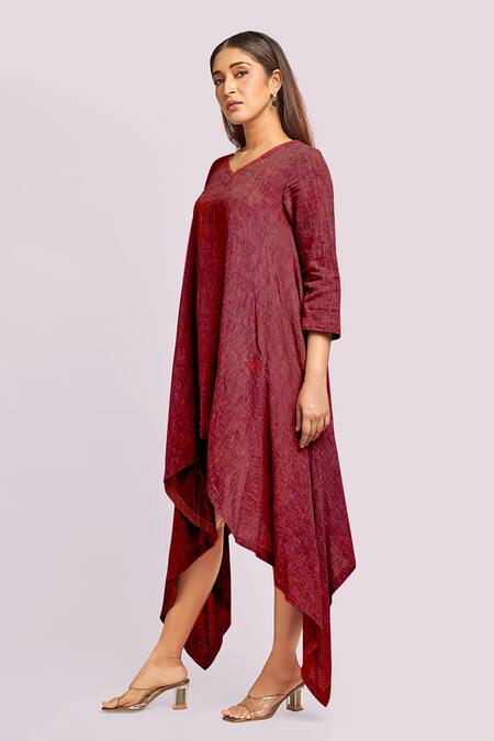 Blue Lotus Design Red V-neck Asymmetric Flax Cotton Dress Online at Aza Fashions Blue Lotus Design_Red V-neck Asymmetric Flax Cotton Dress _Online_at_Aza_Fashions