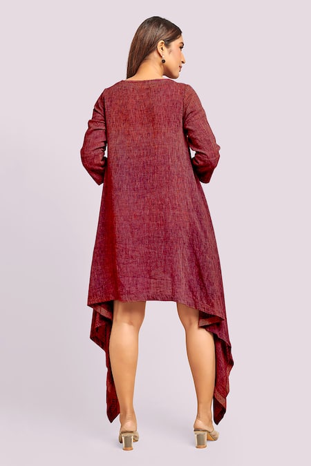 Blue Lotus Design Red Asymmetric Flax Cotton Dress 