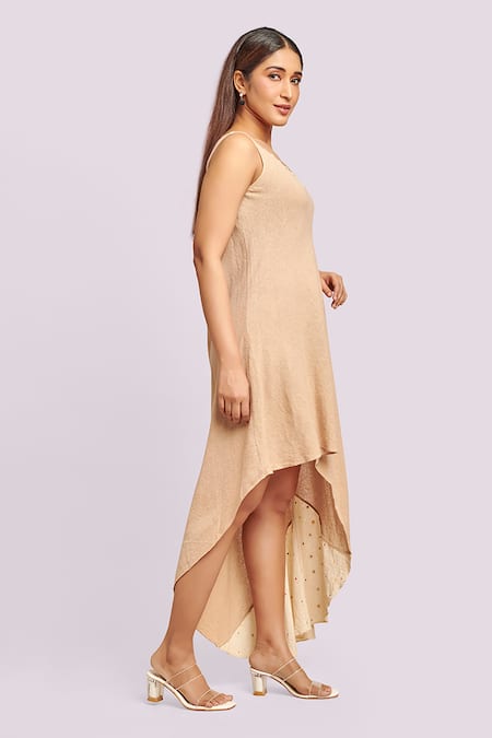 Blue Lotus Design_Beige Round Neck Asymmetric Dress With Button Details _Online_at_Aza_Fashions