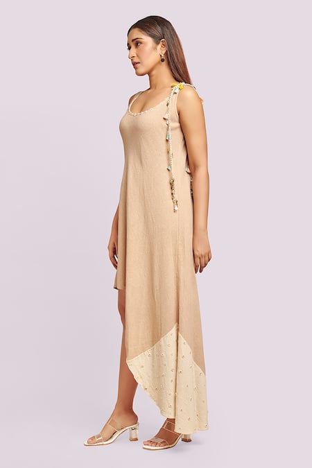 Buy_Blue Lotus Design_Beige Round Neck Asymmetric Dress With Button Details _Online_at_Aza_Fashions