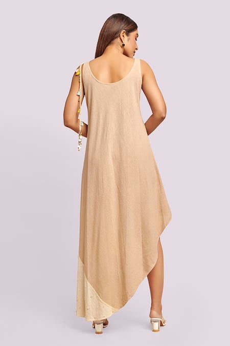 Blue Lotus Design Asymmetric Dress With Button Details 