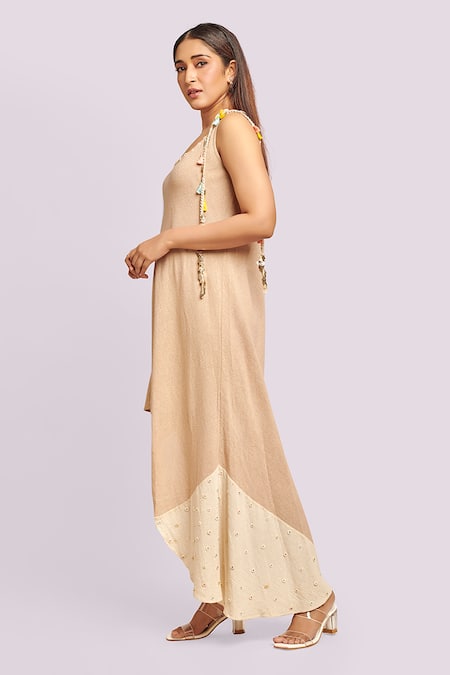 Shop_Blue Lotus Design_Beige Round Neck Asymmetric Dress With Button Details _Online_at_Aza_Fashions