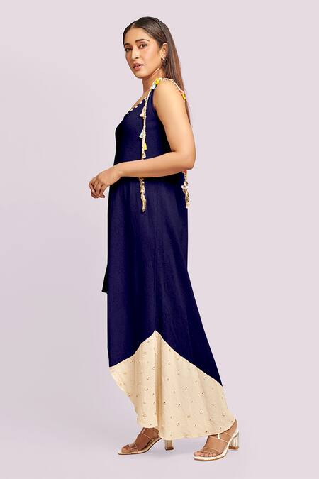 Blue Lotus Design_Blue Cotton Scoop Neck Asymmetric Dress With Button Details _Online_at_Aza_Fashions
