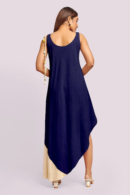 Blue Lotus Design Asymmetric Dress With Button Details 