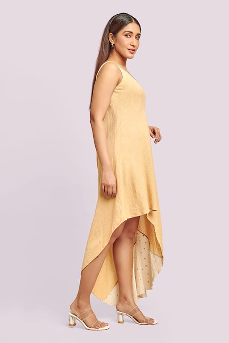 Blue Lotus Design_Yellow Cotton Round Neck Asymmetric Dress With Button Detail _Online_at_Aza_Fashions