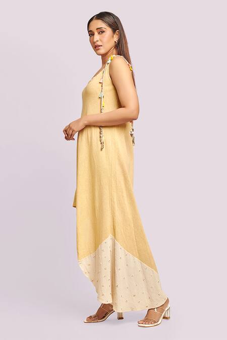 Buy_Blue Lotus Design_Yellow Cotton Round Neck Asymmetric Dress With Button Detail _Online_at_Aza_Fashions