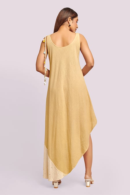 Blue Lotus Design Asymmetric Dress with Button Detail 