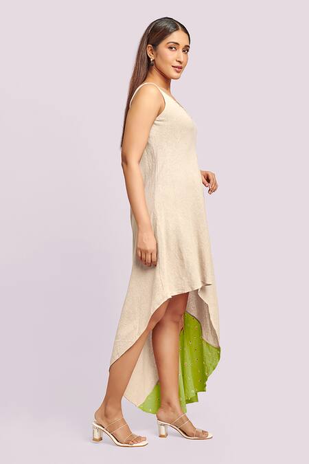 Blue Lotus Design Beige Cotton Scoop Neck Asymmetric White And Green Dress Online at Aza Fashions Blue Lotus Design_Beige Cotton Scoop Neck Asymmetric White And Green Dress _Online_at_Aza_Fashions