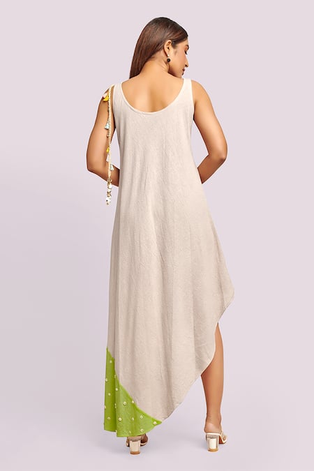 Blue Lotus Design Asymmetric White & Green Dress 