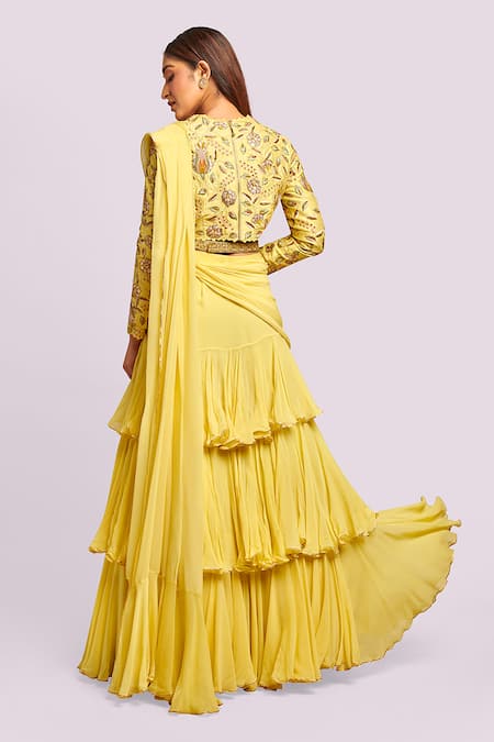 Blue Lotus Design Embroidered Ruffle Drape Saree 