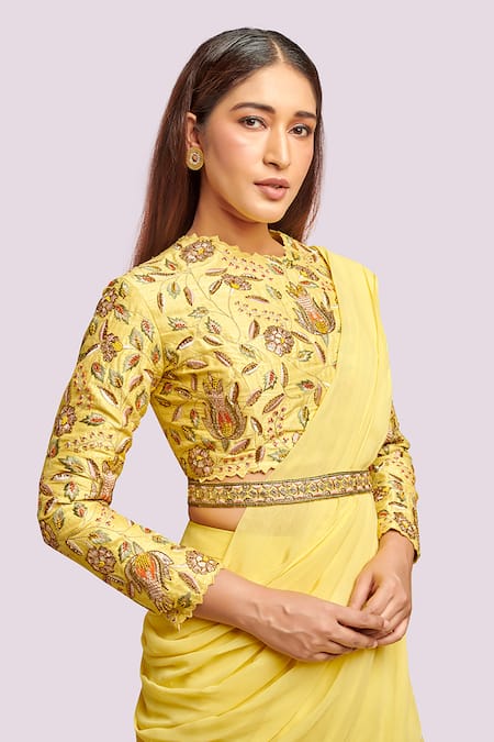 Blue Lotus Design_Yellow Embroidery Round Neck Ruffle Drape Saree _Online_at_Aza_Fashions