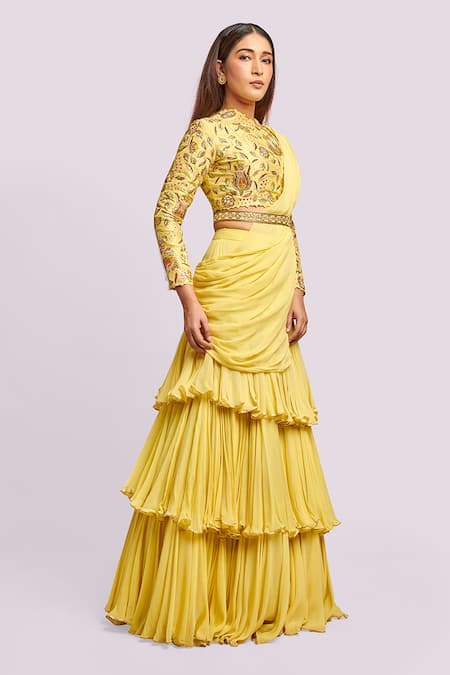 Buy_Blue Lotus Design_Yellow Embroidery Round Neck Ruffle Drape Saree _Online_at_Aza_Fashions