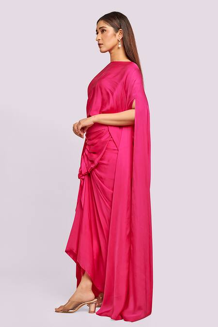 Blue Lotus Design Pink Satin Boat Neck Drape Top And Skirt Set Online at Aza Fashions Blue Lotus Design_Pink Satin Boat Neck Drape Top And Skirt Set _Online_at_Aza_Fashions