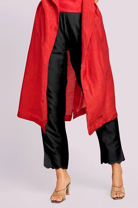 Blue Lotus Design_Red Trench Coat Set With Black Pants _Online_at_Aza_Fashions