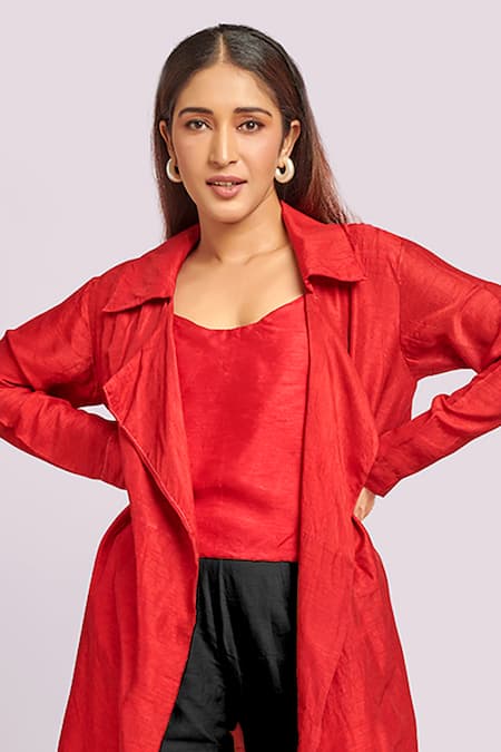 Blue Lotus Design Red Trench Coat Set With Black Pants 