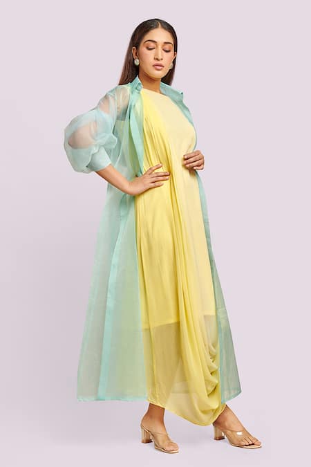 Blue Lotus Design Ombre Drape Dress & Organza Jacket 