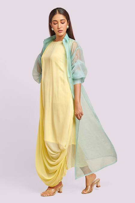Blue Lotus Design Yellow Georgette, Organza Round , Open Ombre Drape Dress And Jacket Online at Aza Fashions Blue Lotus Design_Yellow Georgette, Organza Round , Open Ombre Drape Dress And Jacket _Online_at_Aza_Fashions