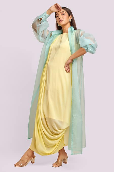 Buy Blue Lotus Design Yellow Georgette, Organza Round , Open Ombre Drape Dress And Jacket Online at Aza Fashions Buy_Blue Lotus Design_Yellow Georgette, Organza Round , Open Ombre Drape Dress And Jacket _Online_at_Aza_Fashions